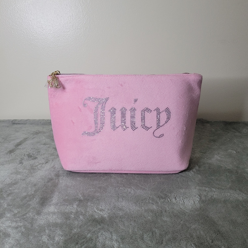 Juicy Couture Women's Top Zip Velour Rhinestones Travel Cosmetic Makeup Bag Pink